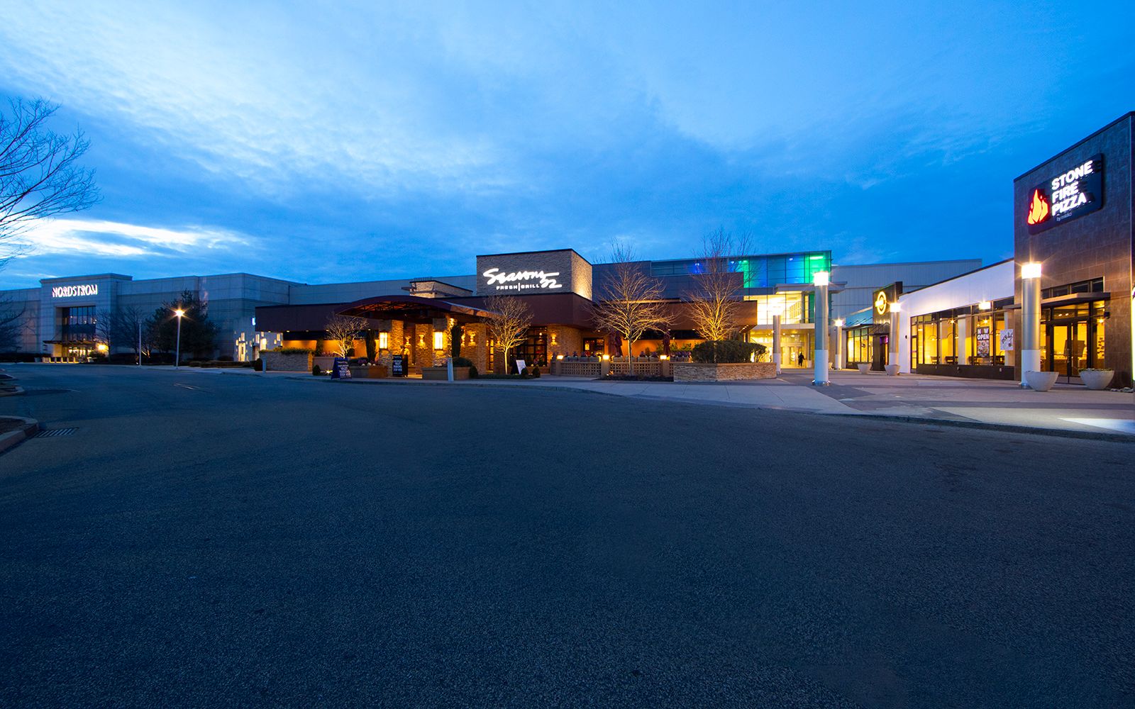 Seasons 52 restaurant at Cherry Hill Mall at dusk