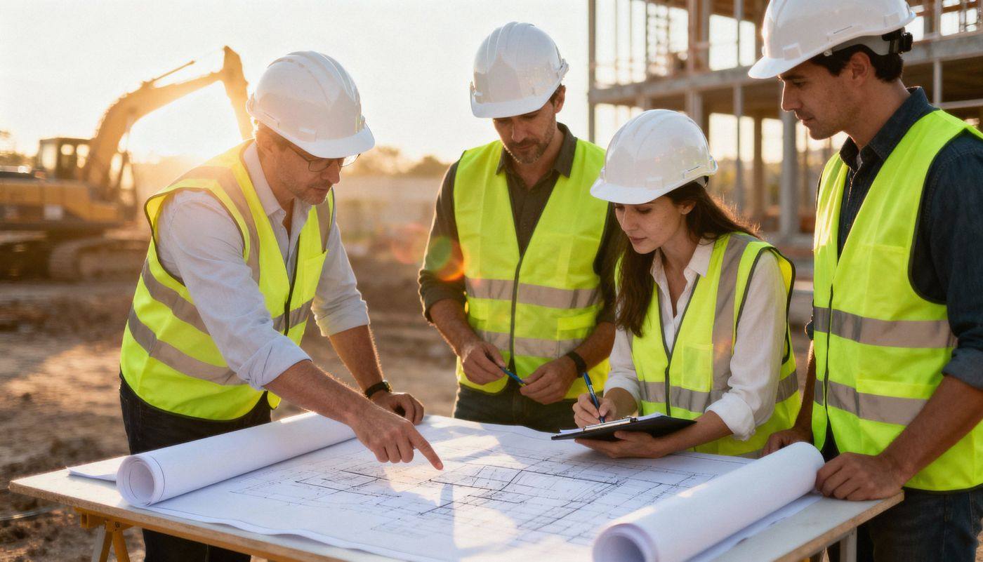 Project team reviewing drawings on a construction site